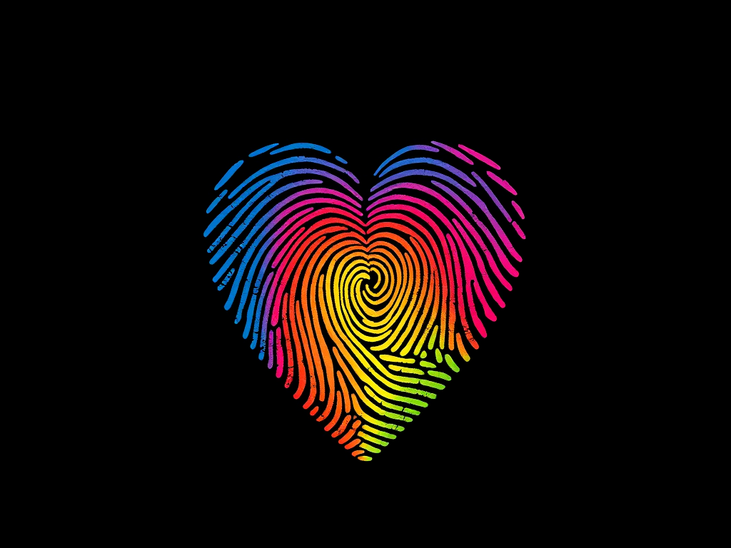 Create a vibrant heart shape filled with a rainbow-colored fingerprint pattern on a black background, captured with a DSLR camera at f/2.8, ISO 100, 1/125s, using a macro lens and top-down view for enhanced detail and clarity.