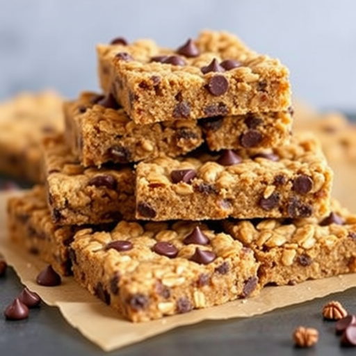 Create an image of a stack of chewy oatmeal chocolate chip bars with a golden brown exterior, studded with chocolate chips and nuts, arranged on brown parchment paper, showcasing a soft and inviting texture.
