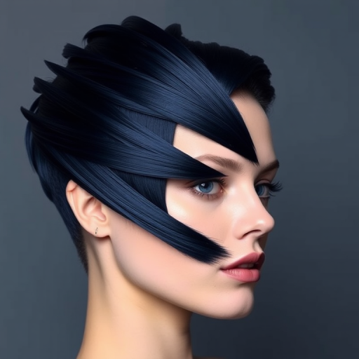 Avant-garde hair style featuring architectural shapes and geometric lines created with stiff gelled strands in a deep midnight blue shade