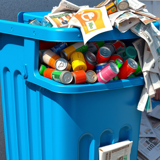 Create a detailed illustration of a blue recycling bin overflowing with colorful cans, plastic bottles, and newspapers, captured with a Canon EOS R5, 50mm lens, f/4 aperture, 1/60 shutter speed, in natural daylight, showcasing vibrant colors and clear textures.