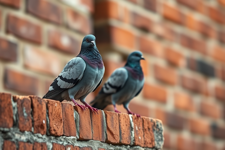 Capture a close-up shot of two pigeons perched on a rustic brick wall, using a Canon EOS 5D Mark IV with a 50mm f/1.8 lens, aperture set to f/2.8, ISO 400, natural lighting for vibrant colors and sharp details, shallow depth of field for a soft background blur.