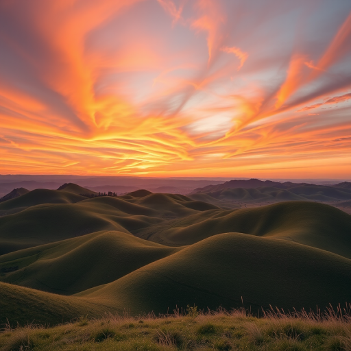 Create a high-resolution image of a serene landscape featuring rolling hills and a sunset sky with vibrant colors, using a DSLR camera, 50mm lens, f/2.8 aperture, ISO 100, and a panoramic view.
