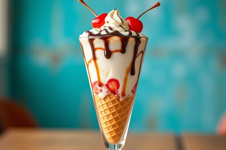 photograph a beautifully presented ice cream sundae in a tall glass with a waffle cone base, vibrant red cherries on top, chocolate sauce drizzled, and a blurred turquoise background, 50mm lens, f/2.8 aperture, ISO 100, natural light, shallow depth of field