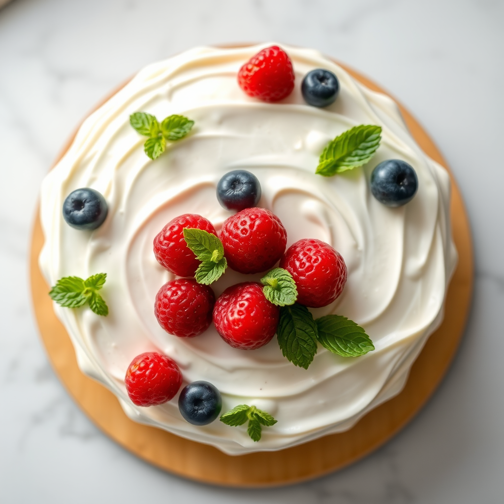 A top-down view of a beautifully decorated cake with white frosting, topped with an assortment of berries and mint leaves, natural lighting, aperture f/2.8, ISO 100, shutter speed 1/200 sec, DSLR camera, macro lens.