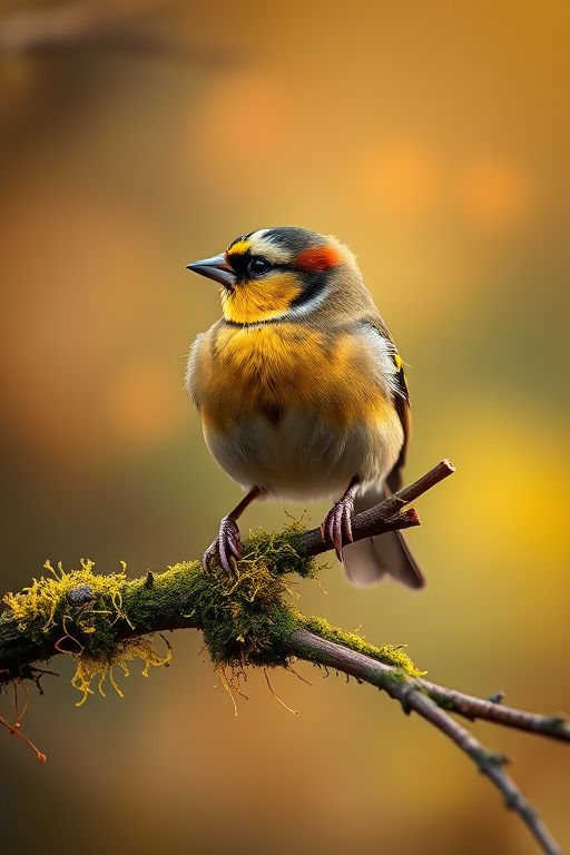 a detailed close-up of a goldfinch perched on a moss-covered branch in a softly blurred natural background, using a Canon EOS R5 with a 100mm f/2.8 macro lens, aperture set to f/4 for a shallow depth of field, with warm, diffused lighting to enhance colors and textures