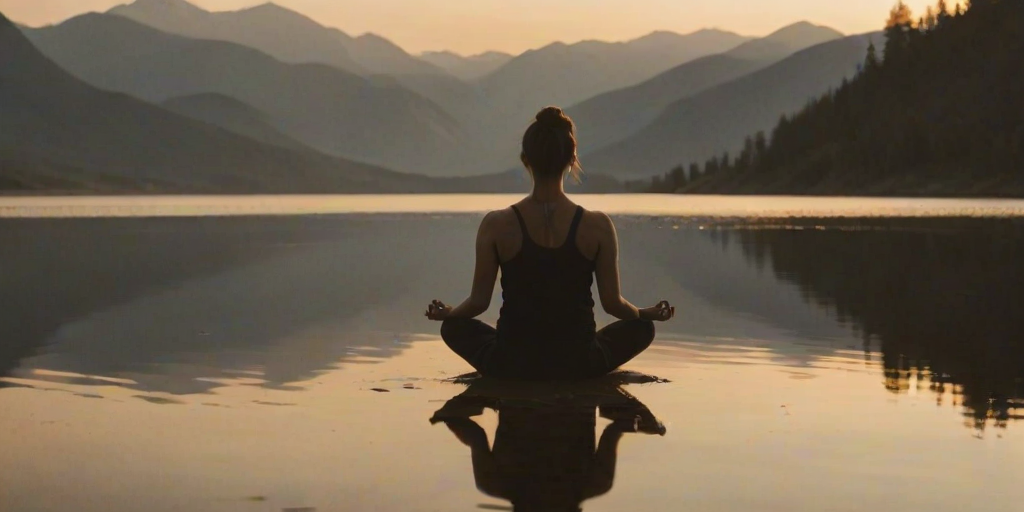 Soft-focus image of a woman meditating by a lake at sunrise, her silhouette reflected in the calm water, with distant mountains barely visible under a soft golden sky.