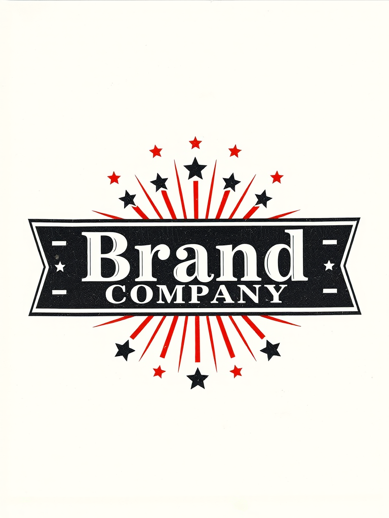Create a vintage-style logo featuring a central banner with the text "Brand Company" in an elegant font, surrounded by decorative elements like stars and stripes, using a DSLR camera with a 50mm lens, aperture set to f/1.8, ISO 100, shot from a straight-on view with soft natural lighting for a clean and professional look.