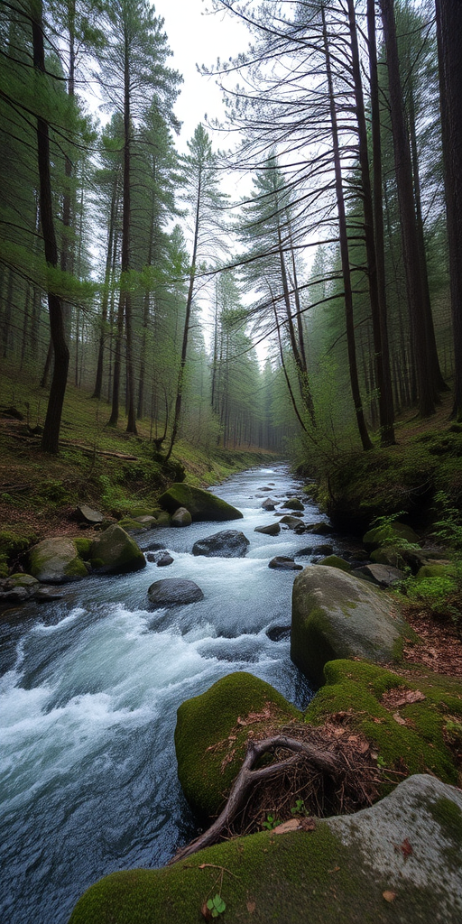 Create a high-resolution image of a tranquil forest scene with a flowing river, using a DSLR camera set to aperture f/8, ISO 200, and a shutter speed of 1/60 seconds, taken from a low angle perspective, in natural light.