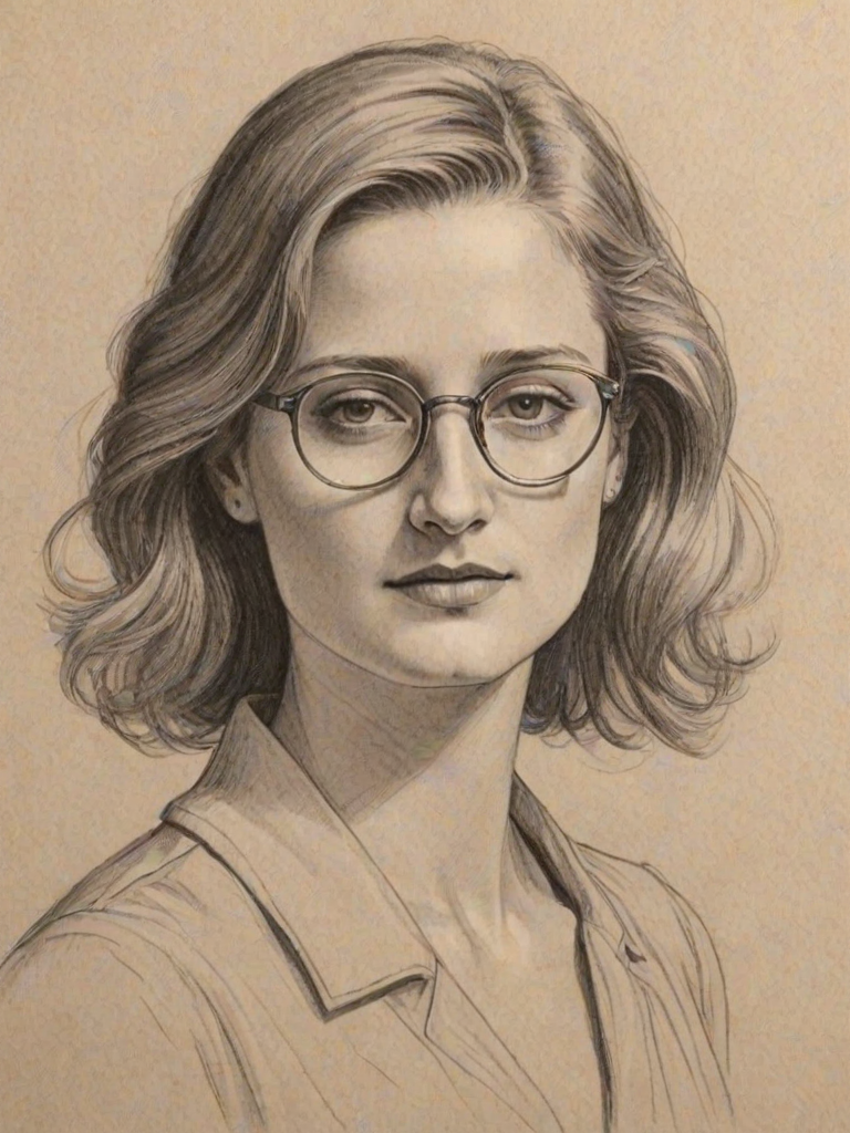 Splendid Grace Gummer, pencil sketch, portrait of Resplendent woman 1924s in glasses, hair style beatnik, outline, clear lines, fine lines, 8k