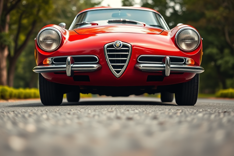 Photograph a classic red Alfa Romeo sports car from a low-angle front view, using a DSLR camera with a 50mm lens, aperture f/2.8, ISO 100, and 1/200 sec shutter speed, capturing vibrant colors and sharp details against a blurred natural background.