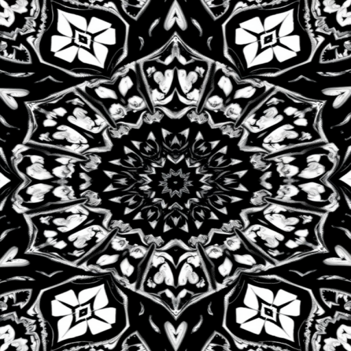 Generate an abstract image of a geometric pattern in black and white with intricate designs, taken with a DSLR camera at 50mm, f/1.8 aperture, ISO 100, using a top-down view and soft-focus style for a dreamy effect.