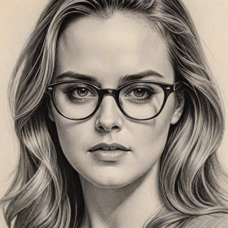 Ravishing Alicia Silverstone, pencil sketch, portrait of Bewitching woman 1962s in glasses, hair style beatnik, outline, clear lines, fine lines, 8k