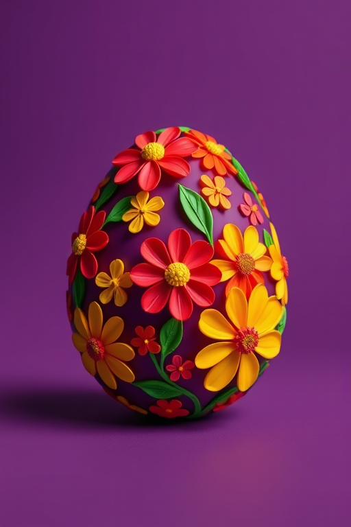 Create a vibrant and colorful 3D egg design with swirling patterns of flowers in bright hues of red, yellow, green, and orange on a deep purple background, captured with a Canon EOS R5, 50mm lens, f/1.8, ISO 100, in a studio setting with soft lighting for enhanced depth and clarity.