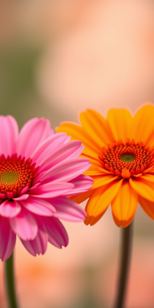 soft focus photography of two pink and orange flowers with blurred pastel background, aperture f/2.8, shutter speed 1/125s, ISO 100, macro lens, natural light