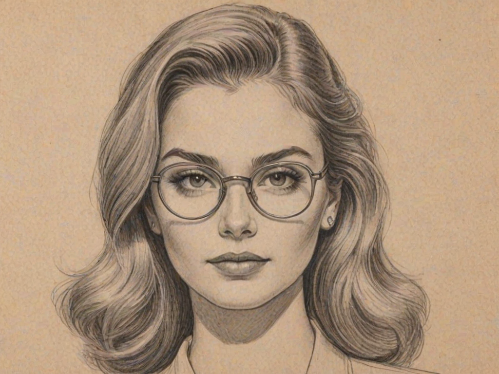 Charming Brighton Sharbino, pencil sketch, portrait of Attractive woman 1944s in glasses, hair style beatnik, outline, clear lines, fine lines, 8k