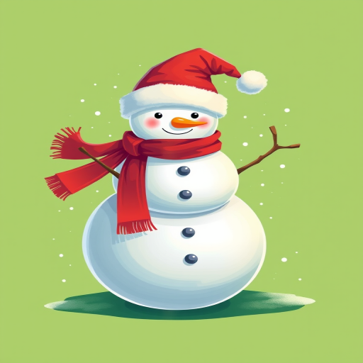 Create a vibrant illustration of a snowman wearing a red scarf and Santa hat on a bright green background, use a digital art style, high-resolution, with 300 DPI, and a soft focus effect to enhance the visual appeal.