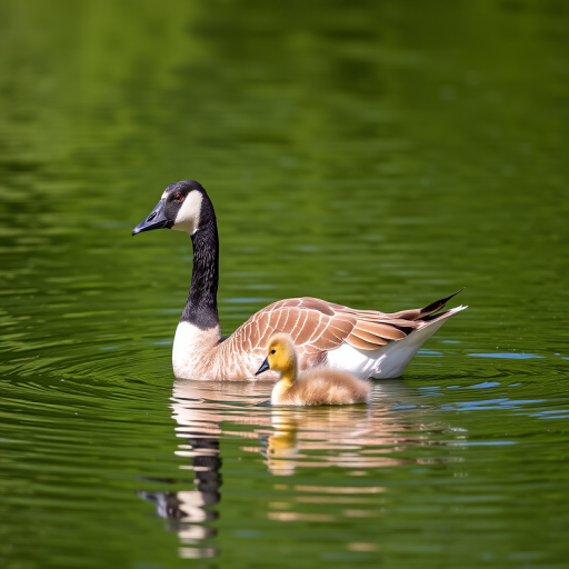 a mother goose swimming with her gosling in a serene pond, natural lighting, focal length 70mm, aperture f/5.6, shutter speed 1/250s, ISO 200, DSLR camera, shallow depth of field, vibrant colors
