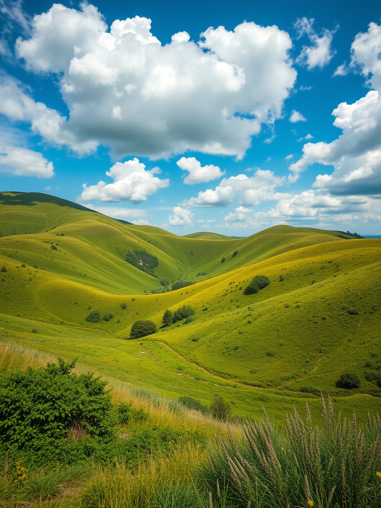 Create a detailed and vibrant landscape scene featuring lush green hills and a bright blue sky with fluffy white clouds, shot with a Canon EOS R5, 24mm lens, f/8 aperture, ISO 100, 1/200s shutter speed, in high dynamic range style.