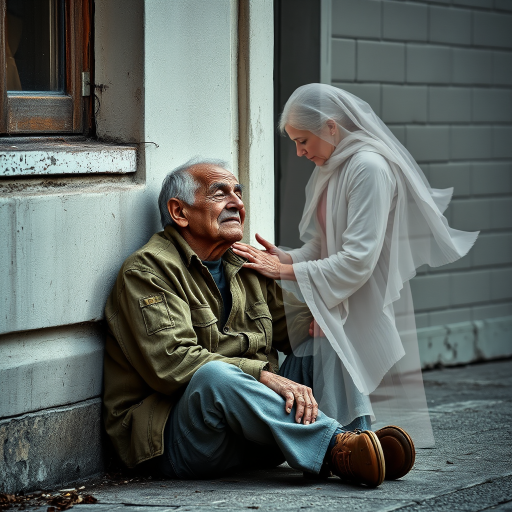 beautifully weathered old homeless veteran sitting on the ground slumping against the wall of a building with his eyes closed. there is an Ethereal, translucent figure of a beautiful elderly woman comforting him