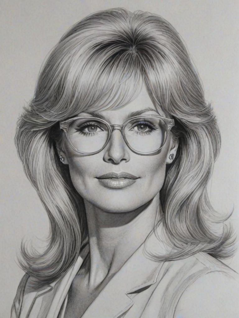 Radiant Linda Evans, pencil sketch, portrait of Gorgeous woman 1978s in glasses, hair style beatnik, outline, clear lines, fine lines, 8k