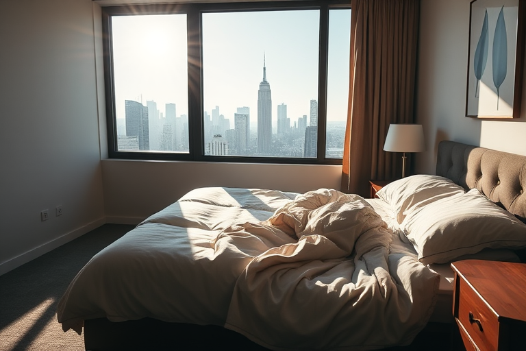A cozy bedroom with an unmade bed and sunlight streaming through a large window showcasing a city skyline in the background, captured with a Canon EOS R5, 50mm lens, aperture f/1.8, ISO 100, natural light, soft focus on the bed with a sharp skyline.
