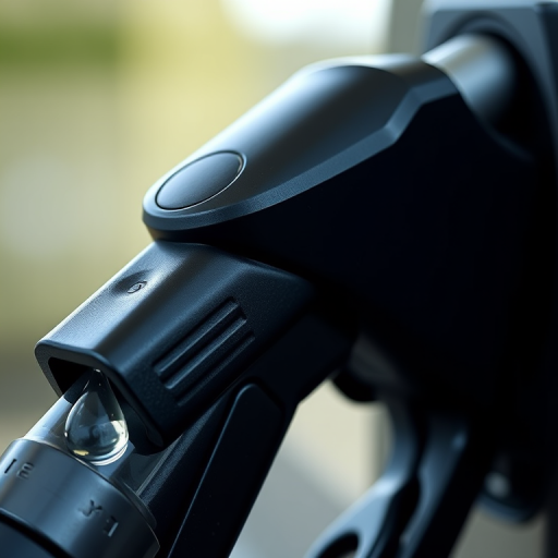 Create a highly detailed, realistic illustration of a black fuel pump nozzle with a visible drop of fuel at the tip, using a DSLR camera with a 50mm lens, aperture set to f/2.8, shutter speed at 1/200s, ISO 100, natural lighting, and a soft focus background to enhance image quality.