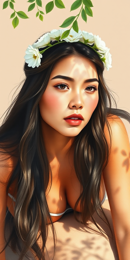create a watercolor painting of an ethereal portrait of beautiful First Nations woman with a simple white flower crown on her head. Her hair is long and she is lying on the ground. The sunlight on the trees casts shadows from the leaves on her face and body. The background is a neutral brown color that matches her skin tone. The image is minimalist and solid colors. This style is characterized by soft, delicate brushstrokes and a light, airy, contrasting color palette. High level of detail and play of light
