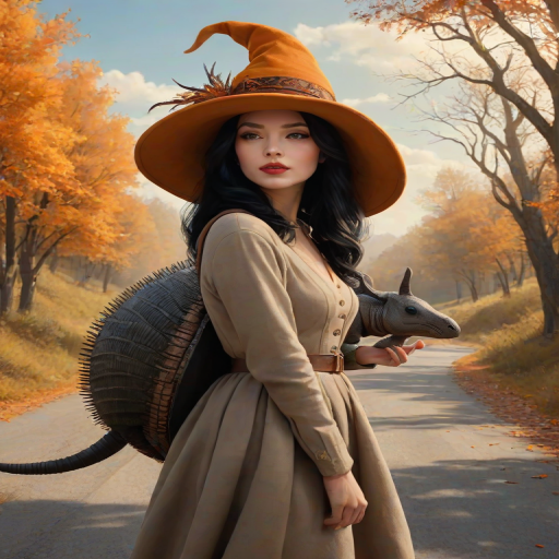 digital art fantasy depicting a strange girl with black hair, long eyelashes, orange lipstick and a tall hat walking along a winding road on an autumn afternoon, an armadillo smiles as he passes