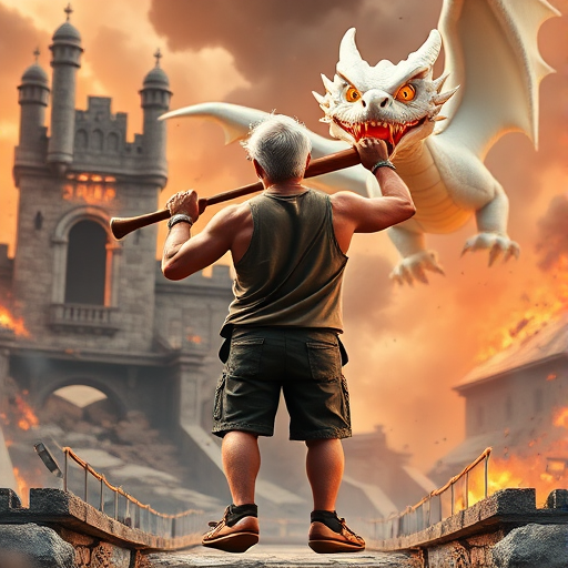 Cartoon 3D High-Resolution,dynamic battle scene using Unreal Engine 5 and Octane Render. The scene features back of an elderly, thai man with a beard,messy hair and round golden-rimmed glasses. He is wearing a tattered tank top with soot marks, shorts, and sandals. sweating. he wields a baseball bat. He jump to fight with a white fire-breathing Europe dragon amidst a partially destroyed stone castle. Include intense flames, smoke, and debris to enhance the dramatic effect.