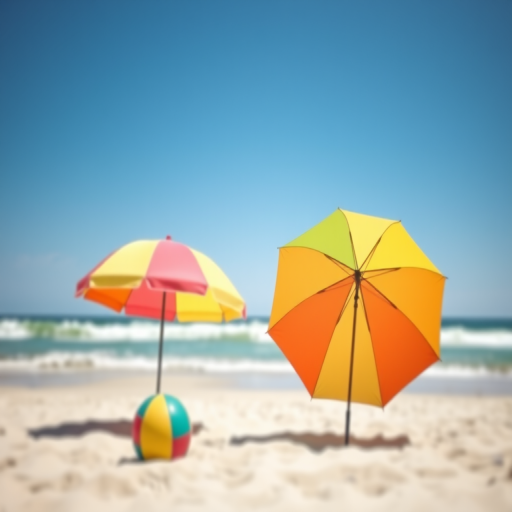 A vibrant beach scene featuring two colorful umbrellas and a beach ball, captured with a DSLR camera, 50mm lens, f/8 aperture, 1/200 sec shutter speed, bright daylight, and a slight tilt-shift effect for enhanced depth.