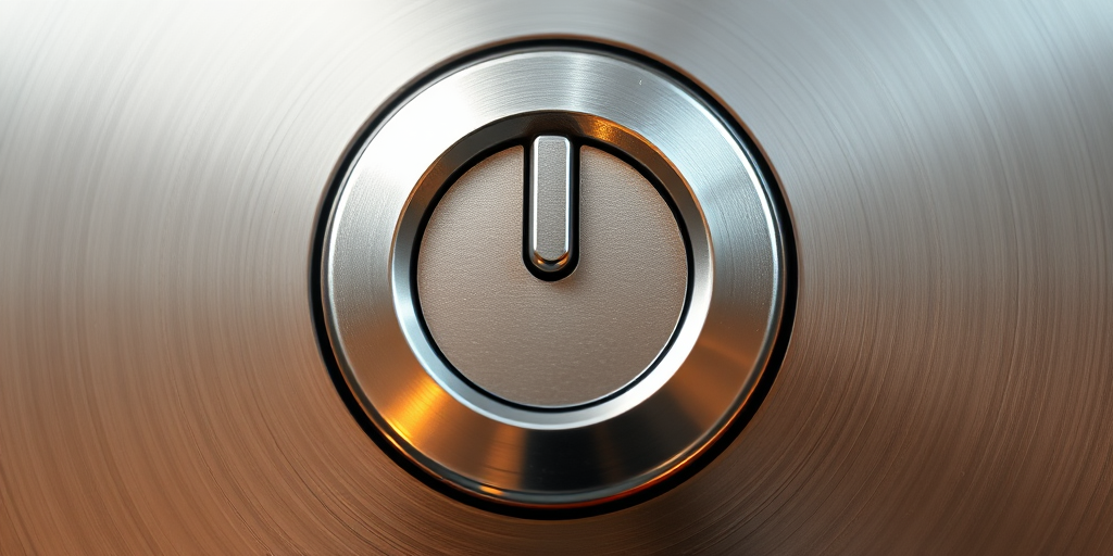 Create a high-resolution image of a metallic power button symbol with a glossy finish, using a DSLR camera at f/2.8 aperture, ISO 100, 50mm lens, with a close-up view and soft studio lighting to enhance reflections and textures.