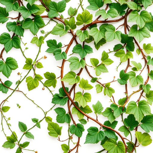 Generate a detailed botanical illustration of intertwining green vines and leaves on a transparent background, using a Canon EOS R5 camera with an f/4 aperture, 50mm lens, and soft natural lighting to enhance texture and vibrancy.