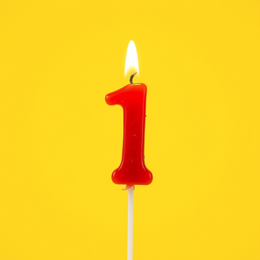 Generate an image of a red birthday candle in the shape of the number one, lit with a small flame on top, set against a bright yellow background, using a DSLR camera with a 50mm lens, aperture f/1.8, ISO 100, and a shallow depth of field to create a soft blur effect in the background.