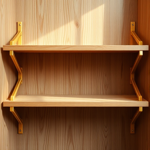 Create a high-quality image of a wooden shelf with golden brackets, shot with a DSLR camera at f/2.8 aperture, 50mm lens, ISO 100, with a focused view and soft natural lighting to enhance texture and detail.