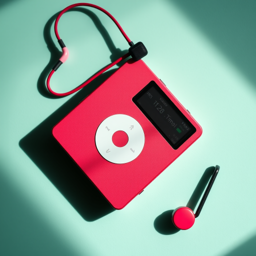 digital mp3 player, flat lay top view, high-resolution, natural lighting, f/2.8 aperture, 1/60 shutter speed, ISO 100, DSLR camera