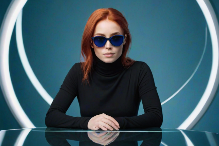 generate an image of a woman with red hair wearing sunglasses and a black turtleneck, leaning on a futuristic glass table, with a circular blue background