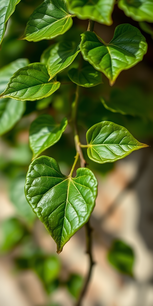 A high-resolution close-up of a green vine with glossy leaves, captured using a DSLR camera with a 50mm lens, f/2.8 aperture, ISO 100, natural lighting, shallow depth of field, and a soft-focus background to enhance the subject.