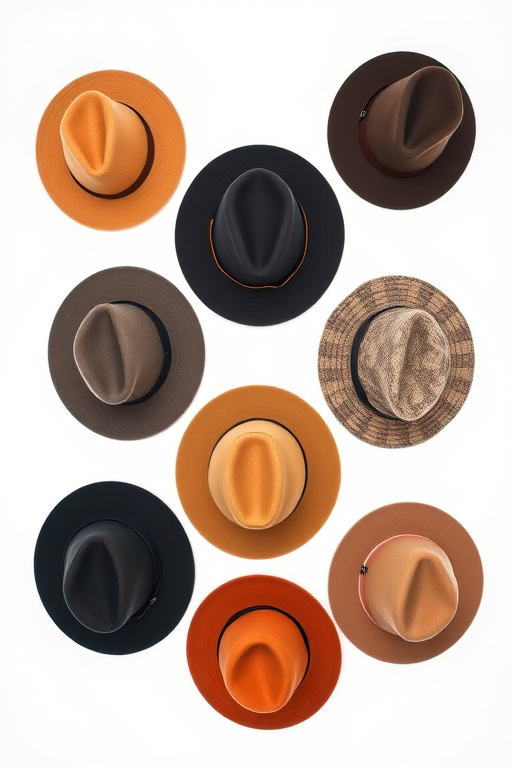 Generate an image of six distinct hats arranged artistically on a white background, using a DSLR camera with a 50mm lens at f/2.8, ISO 100, shot from a top-down view in a studio lighting setup to enhance details and colors.
