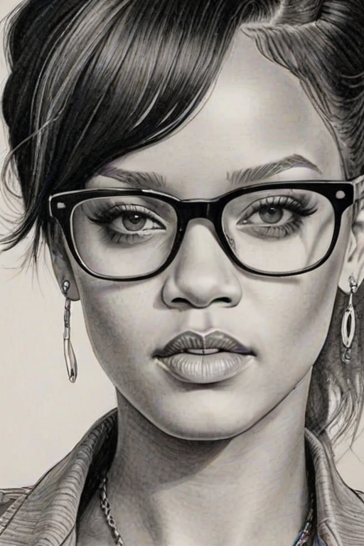 Exquisite Rihanna, pencil sketch, portrait of Captivating woman 1978s in glasses, hair style beatnik, outline, clear lines, fine lines, 8k