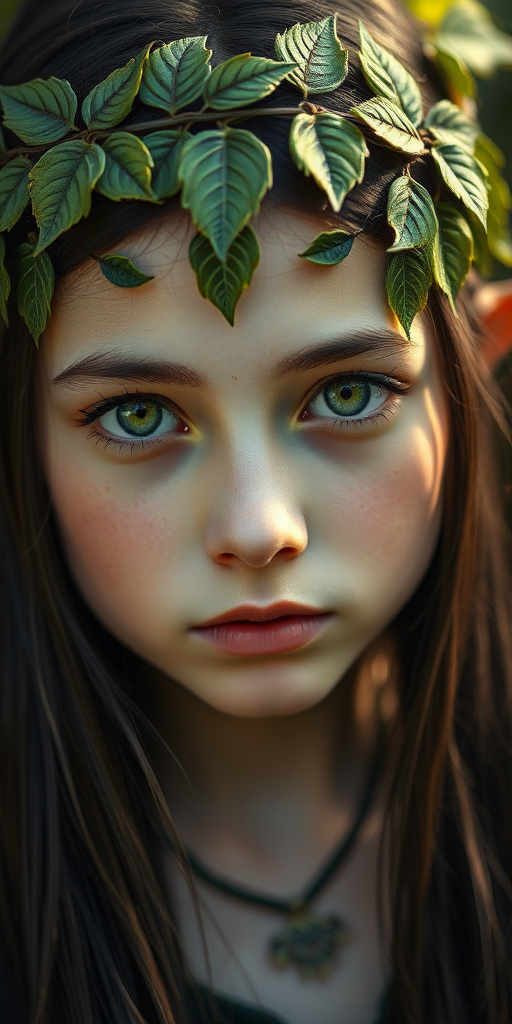 portrait of an elf girl with intricate leafy headpiece and long dark hair, soft natural lighting, f/1.8 aperture, ISO 100, 85mm lens, shallow depth of field, taken with a full-frame DSLR camera, artistic soft focus background