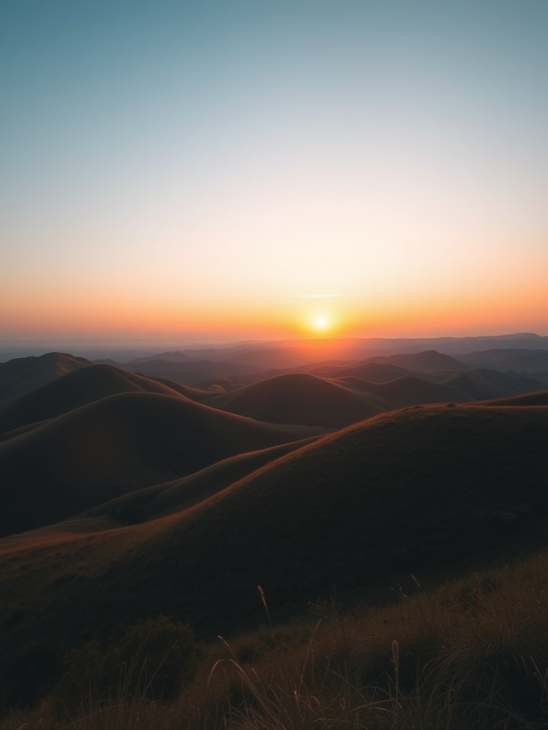 Create a high-resolution image of a serene landscape featuring rolling hills and a sunset backdrop, captured with a Canon EOS 5D Mark IV, aperture f/8, shutter speed 1/250s, ISO 400, wide-angle view, natural lighting, and a soft focus style.