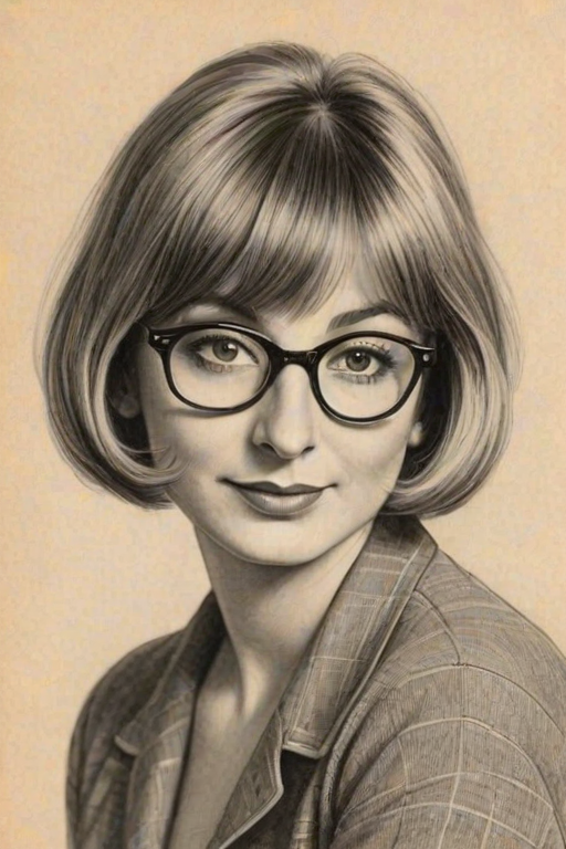 Captivating Penny Marshall, pencil sketch, portrait of Enticing woman 1925s in glasses, hair style beatnik, outline, clear lines, fine lines, 8k