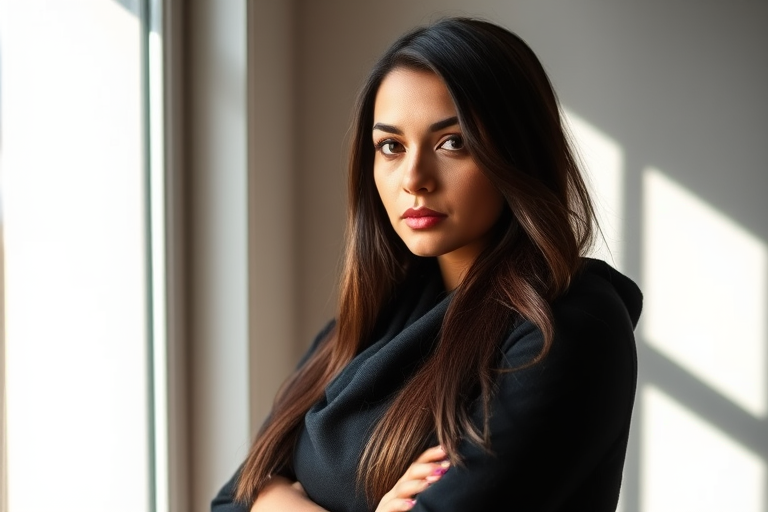 Generate a portrait of a woman with long dark hair wearing a black shawl, standing near a window with soft diagonal light casting shadows, using a 50mm lens, f/1.8 aperture, ISO 100, and a Canon DSLR camera for enhanced image quality.