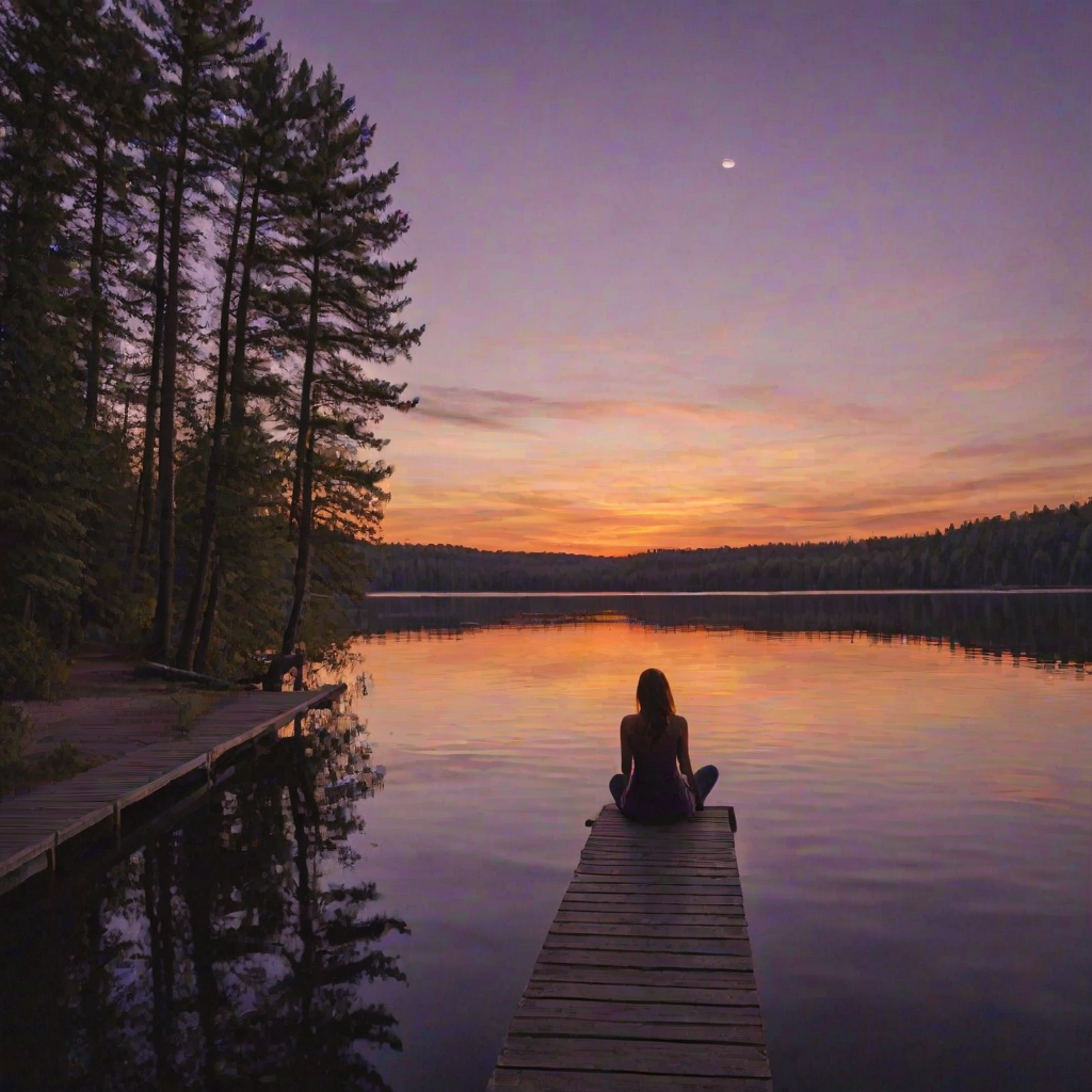Quiet lakeside cabin at sunset, a woman sits on the dock, dipping her toes in the water, as the sky turns a brilliant shade of orange and purple, reflecting off the lake's surface.