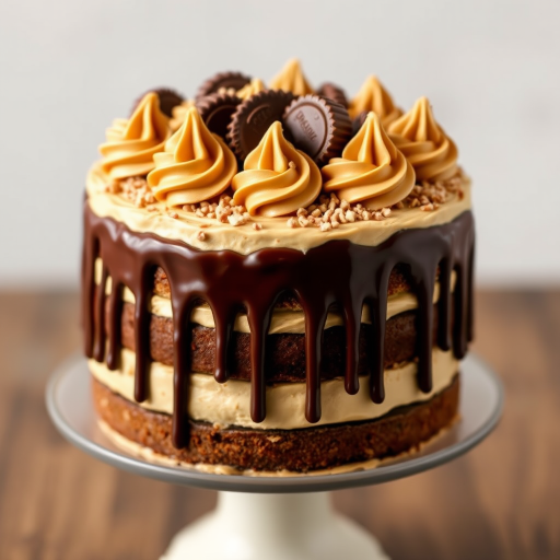 Create an image of a luxurious layered cake with a chocolate ganache drip. The cake should be decorated with swirls of peanut butter frosting and topped with peanut butter cups. Add a sprinkle of crushed peanut butter candy around the top for added texture and detail. The cake should be presented on a cake stand, with a focus on rich, indulgent textures and colors.