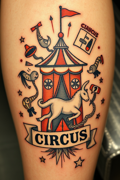 Vintage circus-themed tattoo featuring whimsical characters, bold typography, and nostalgic imagery, rendered in a sepia-toned color palette for an authentic old-world charm