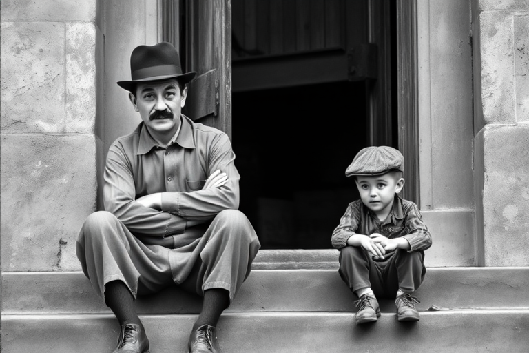 A black-and-white photograph of a man and a child sitting on steps in front of a doorway. The man is dressed as a tramp with a bowler hat, mustache, and ragged clothes, reminiscent of Charlie Chaplin's iconic look. He is sitting with his arms crossed and an expression of slight sadness or frustration. Next to him is a young boy, also in worn clothes and a cap, sitting with his hands clasped, looking thoughtful. The background is an old, textured wall and a partially open door, creating a vintage, early 20th-century atmosphere.