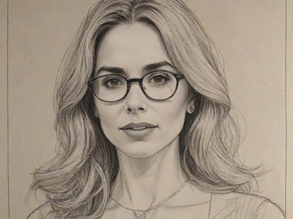 Wonderful Kerry Butler, pencil sketch, portrait of Comely woman 1974s in glasses, hair style beatnik, outline, clear lines, fine lines, 8k