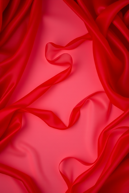 create a hyper-realistic image of a flowing red silk fabric, illuminated with soft diffused lighting, using a DSLR camera with a 50mm lens, aperture set to f/2.8, ISO 100, and a slow shutter speed of 1/60 second, top-down view, with high-resolution texture details