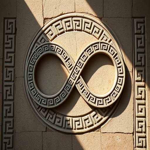 Create an image of an infinity symbol with intricate Greek key patterns, taken with a Canon EOS R5, 50mm lens, f/1.8 aperture, ISO 100, soft natural lighting, top-down view, high dynamic range.